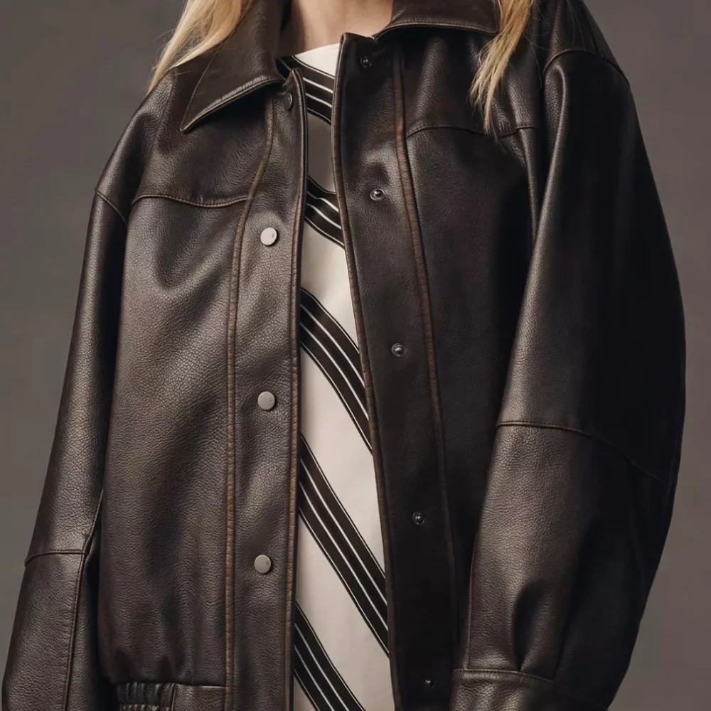 Pilcro Dark Brown Leather Bomber Jacket - Picture 3 of 15